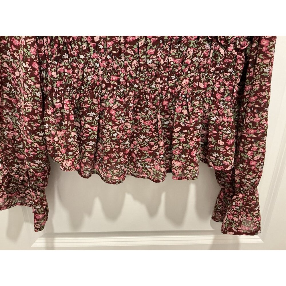 Entro Top Large Burgundy Long Sleeve Floral Print Ruffle Rouching - Picture 3 of 9